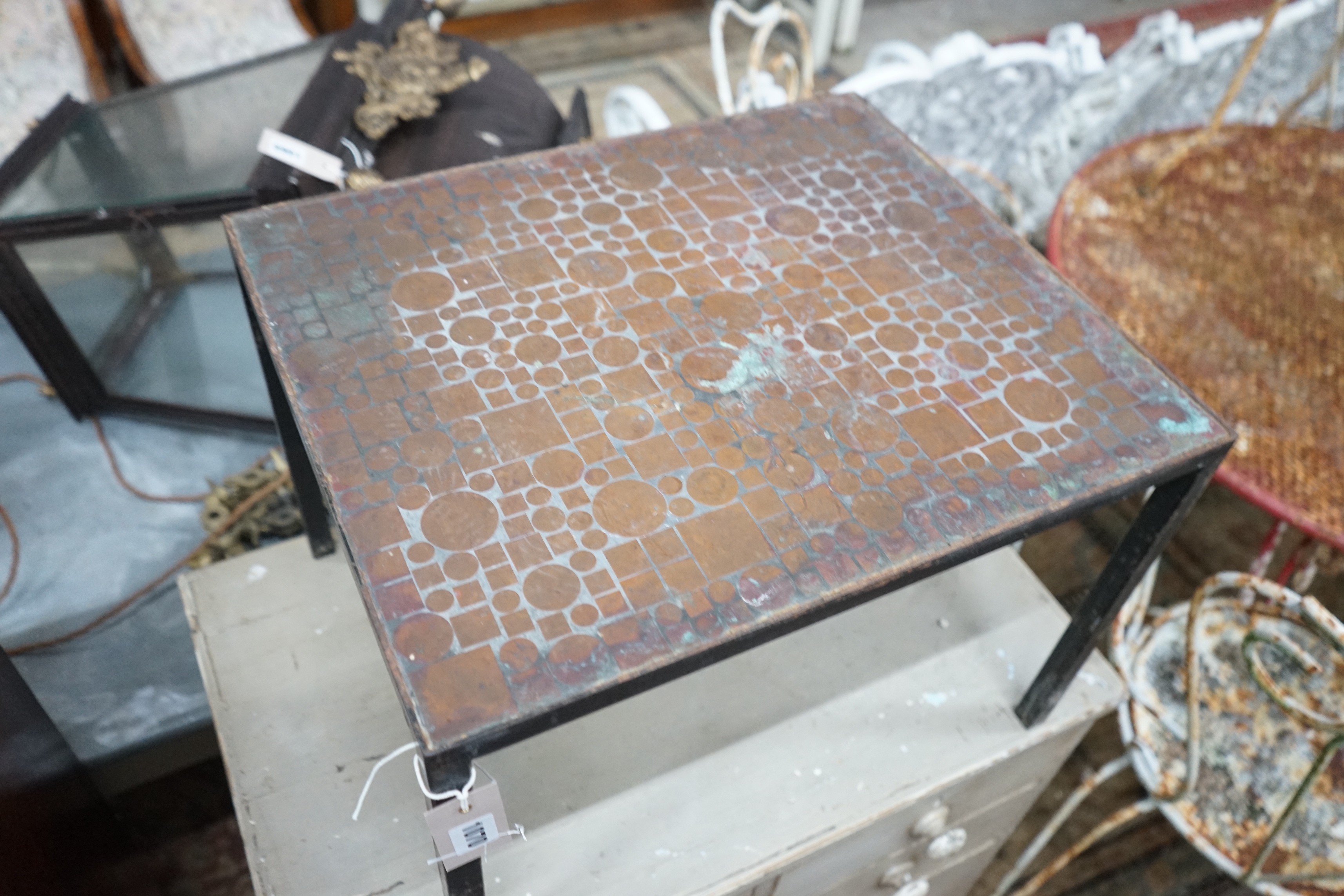 A mid century rectangular wrought iron occasional table, width 50cm, depth 42cm, height 35cm